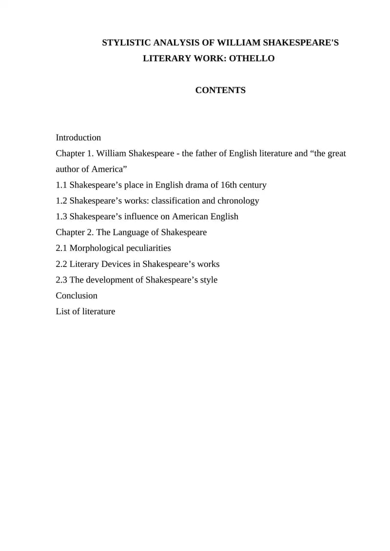 Stylistic Analysis of William Shakespeare's Literary Work: Othello