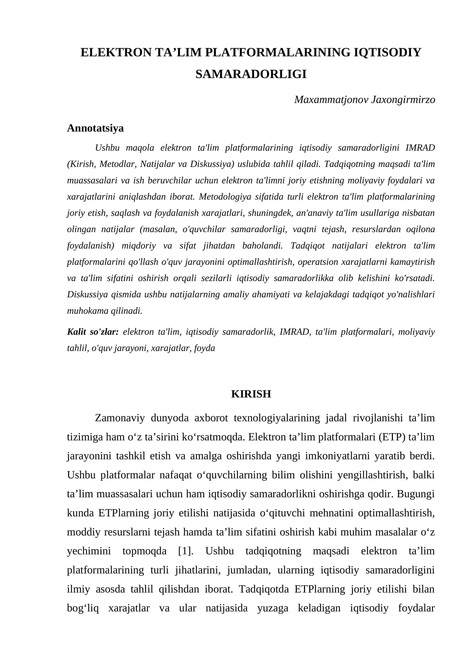 ELEKTRON TA’LIM PLATFORMALARINING IQTISODIY SAMARADORLIGI