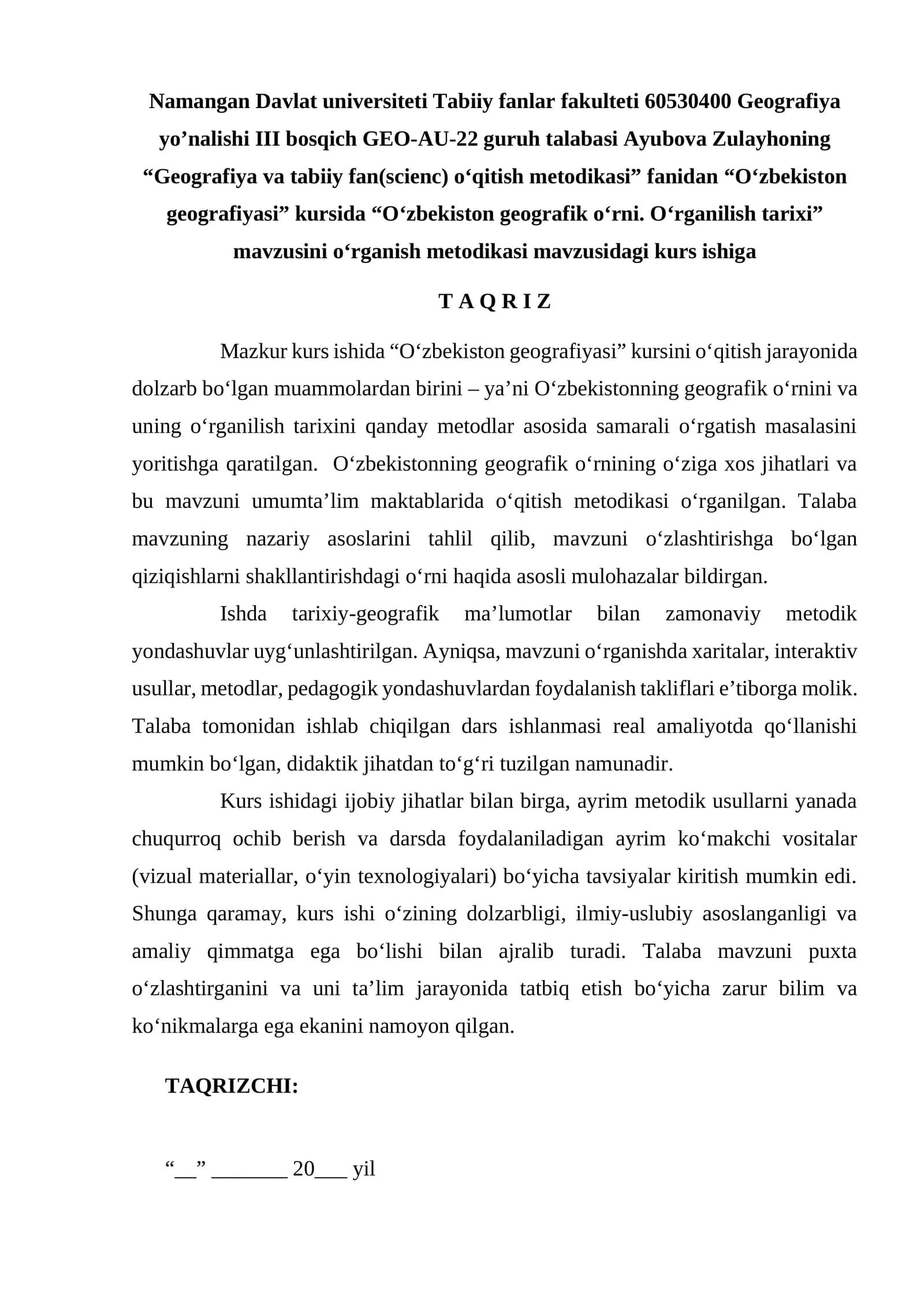 O‘zbekiston geografiyasi kurs ishi