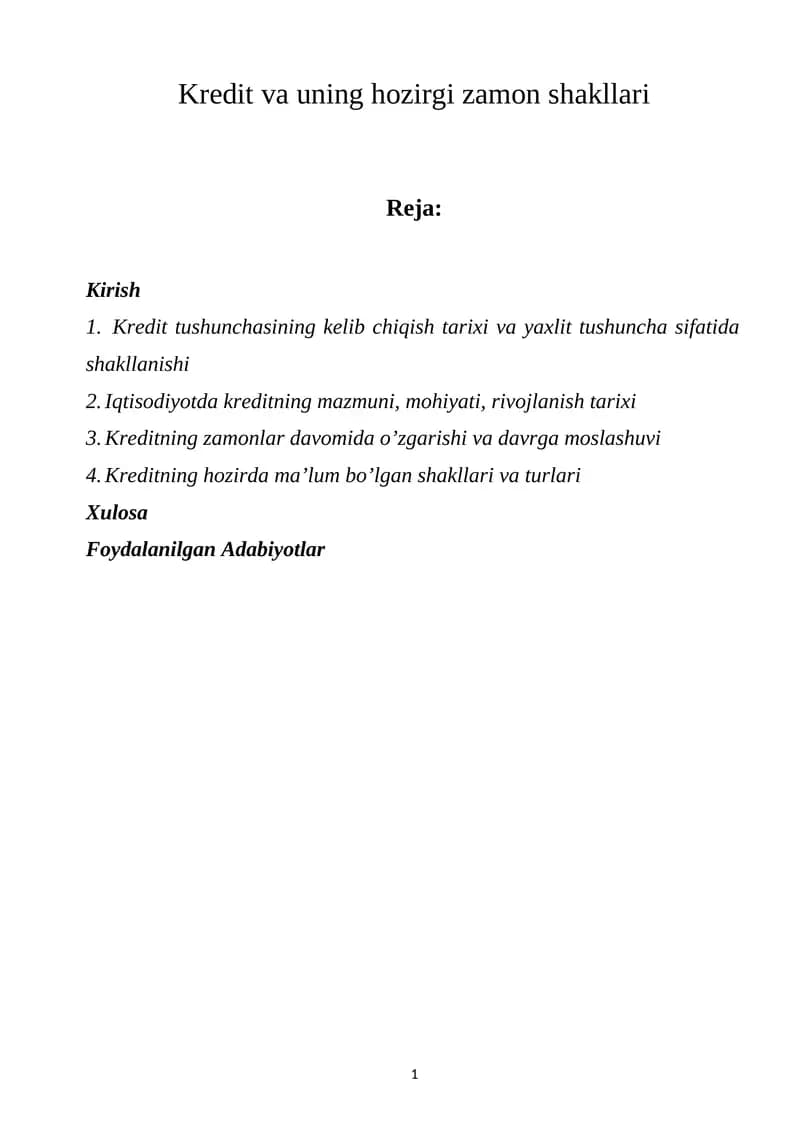 Kredit va uning hozirgi zamon shakllari