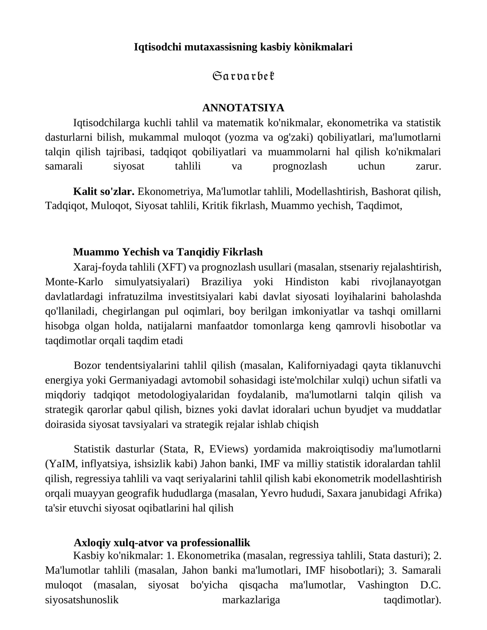 Iqtisodchi mutaxassisning kasbiy ko'nikmalari