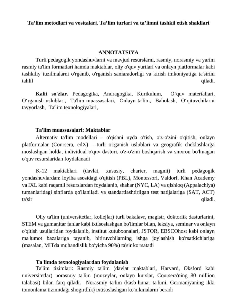 Ta’lim metodlari va vositalari