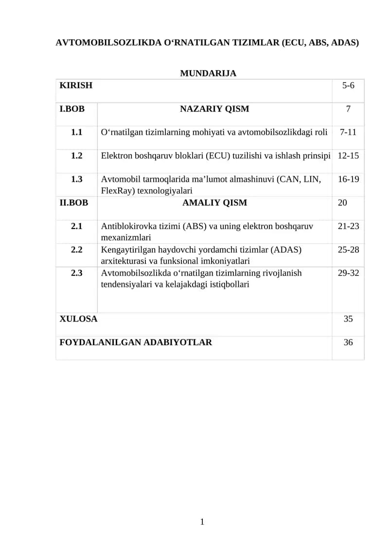 AVTOMOBILSOZLIKDA O‘RNATILGAN TIZIMLAR (ECU, ABS, ADAS)