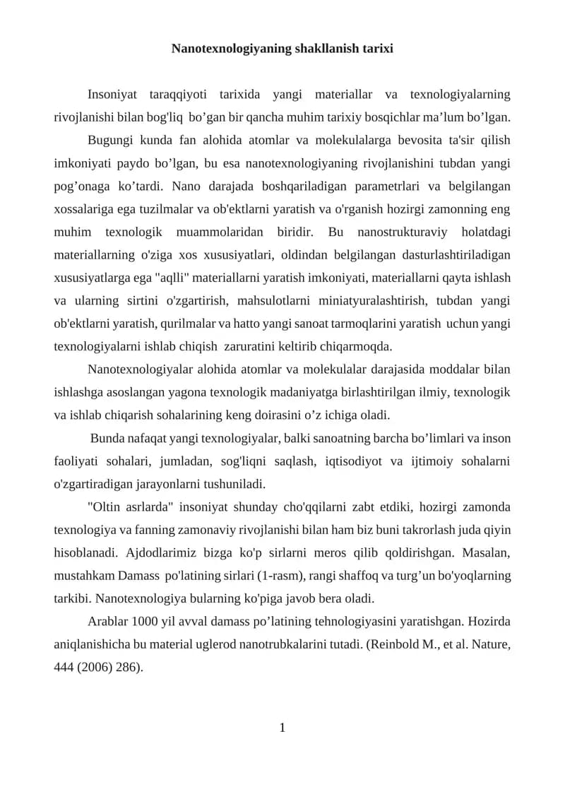 Nanotexnologiyaning shakllanish tarixi