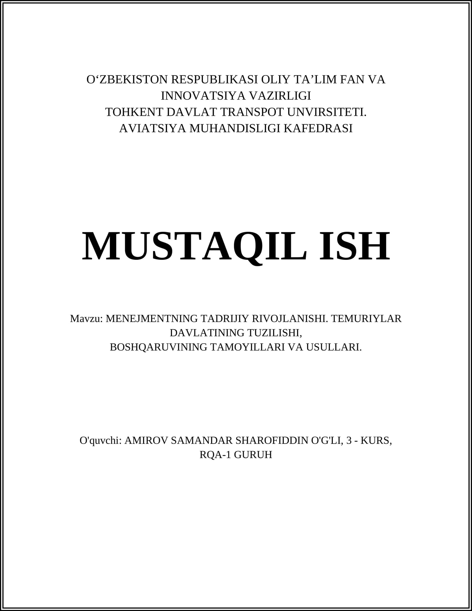 MENEJMENTNING TADRIJIY RIVOJLANISHI
