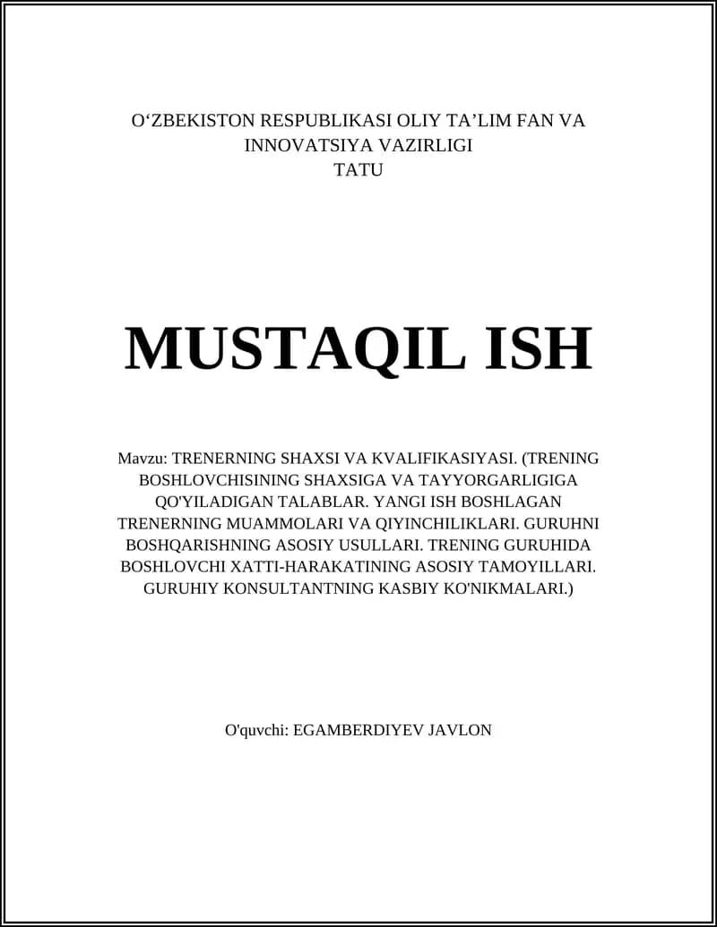 TRENERNING SHAXSI VA KVALIFIKASIYASI