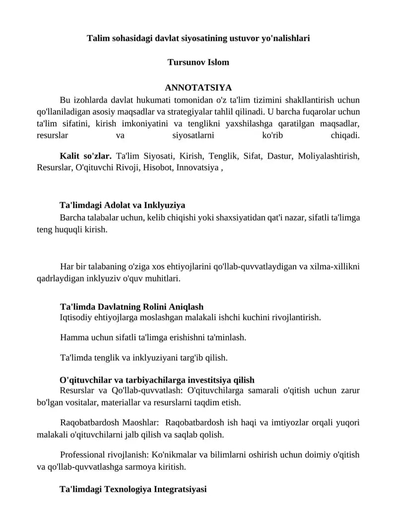 Talim sohasidagi davlat siyosatining ustuvor yo'nalishlari