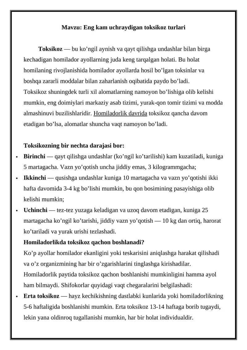 Eng kam uchraydigan toksikoz turlari