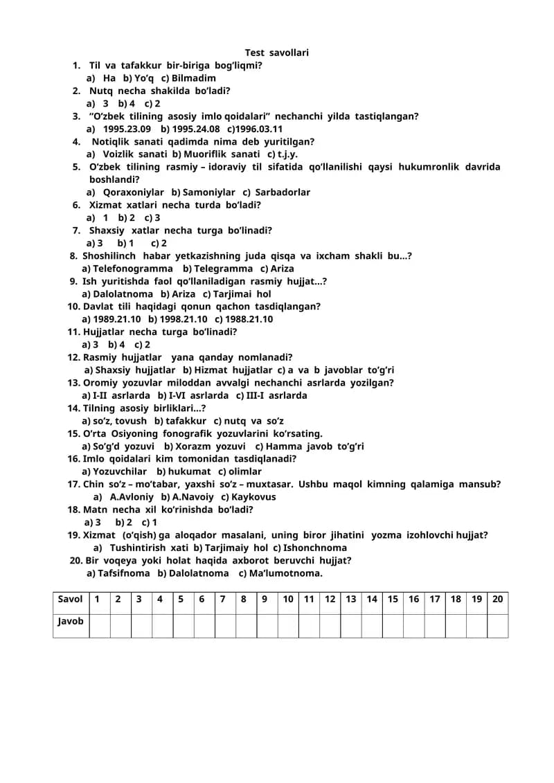 Davlat tilida ish yuritish test