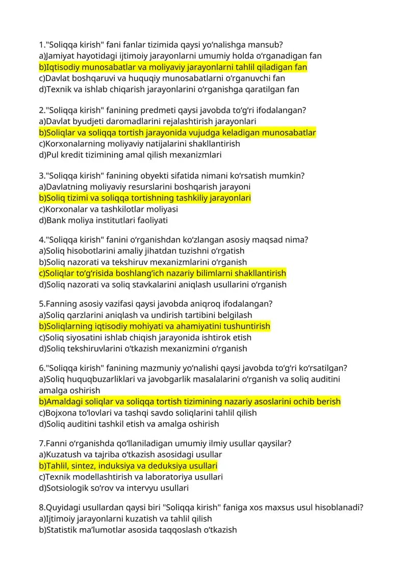 Soliqqa kirish test javoblari