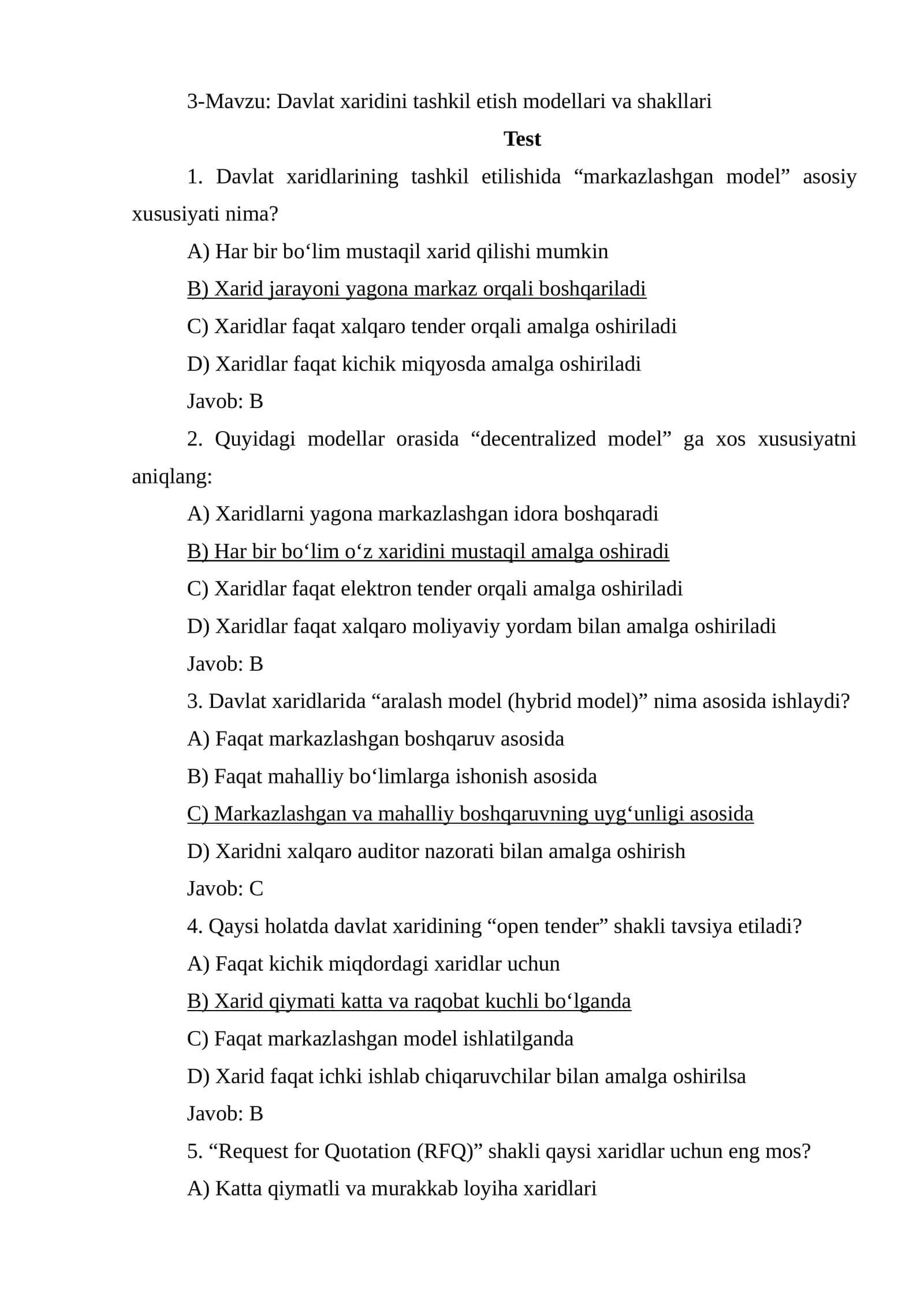 Davlat xaridini tashkil etish modellari va shakllari