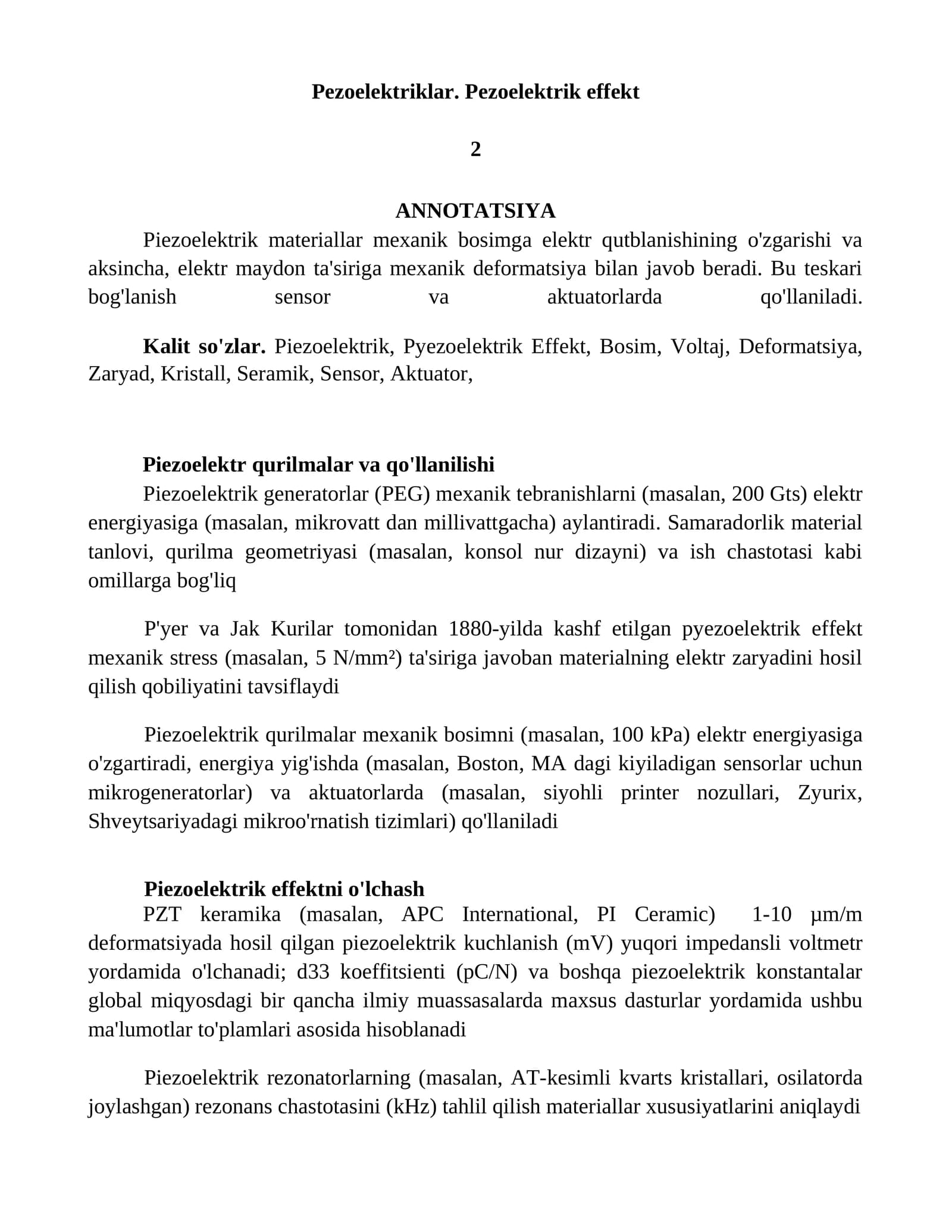 Pezoelektriklar. Pezoelektrik effekt