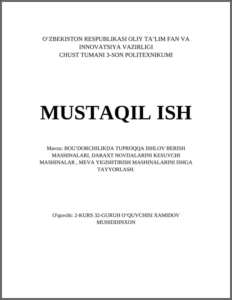 BOGʻDORCHILIKDA TUPROQQA ISHLOV BERISH MASHINALARI