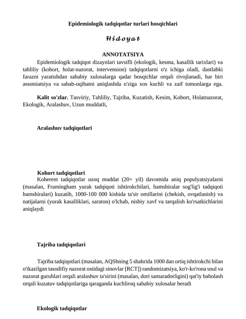 Epidemiologik tadqiqotlar turlari bosqichlari