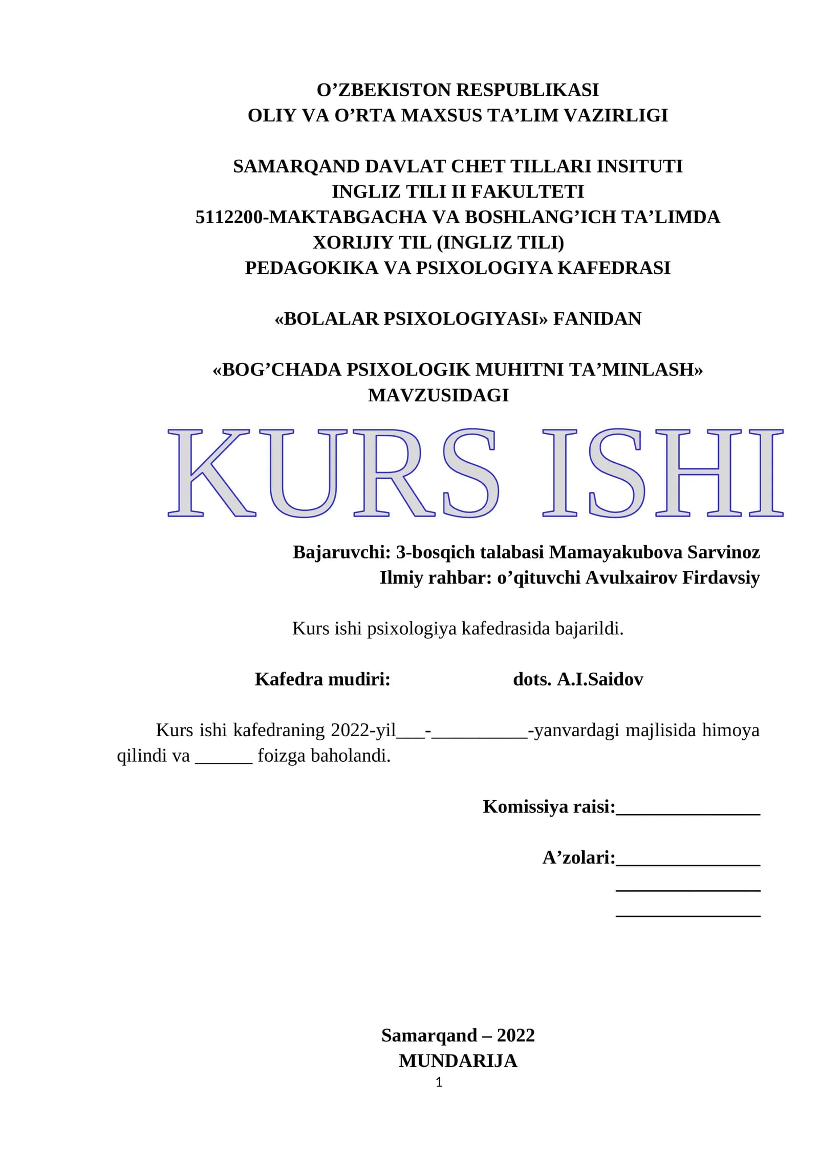 BOG’CHADA PSIXOLOGIK MUHITNI TA’MINLASH