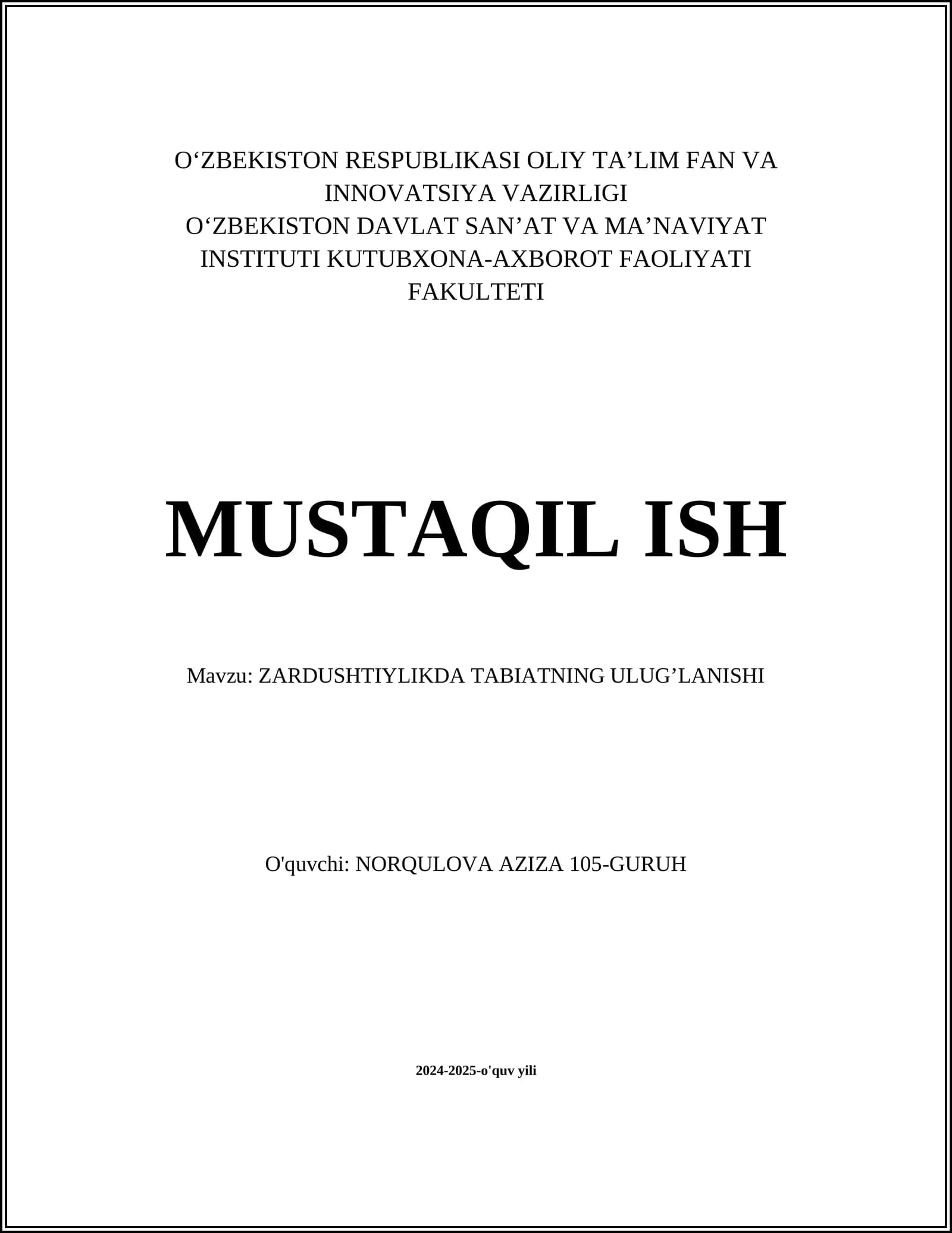 ZARDUSHTIYLIKDA TABIATNING ULUGʼLANISHI