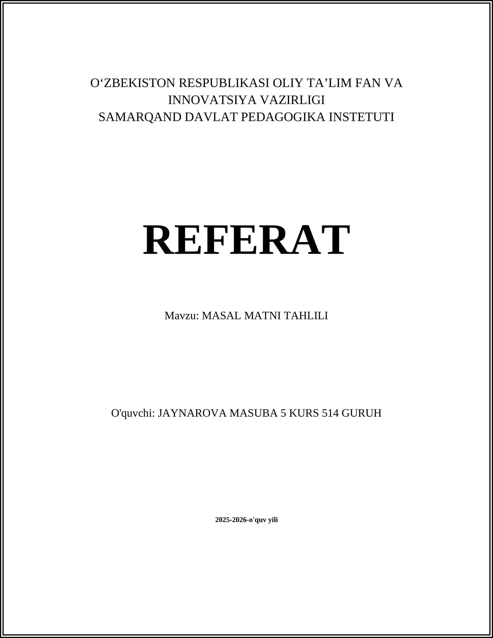 MASAL MATNI TAHLILI