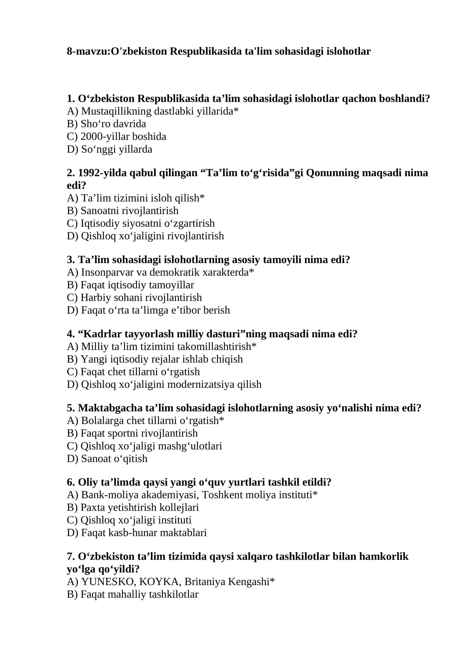 O'zbekiston Respublikasida ta'lim sohasidagi islohotlar
