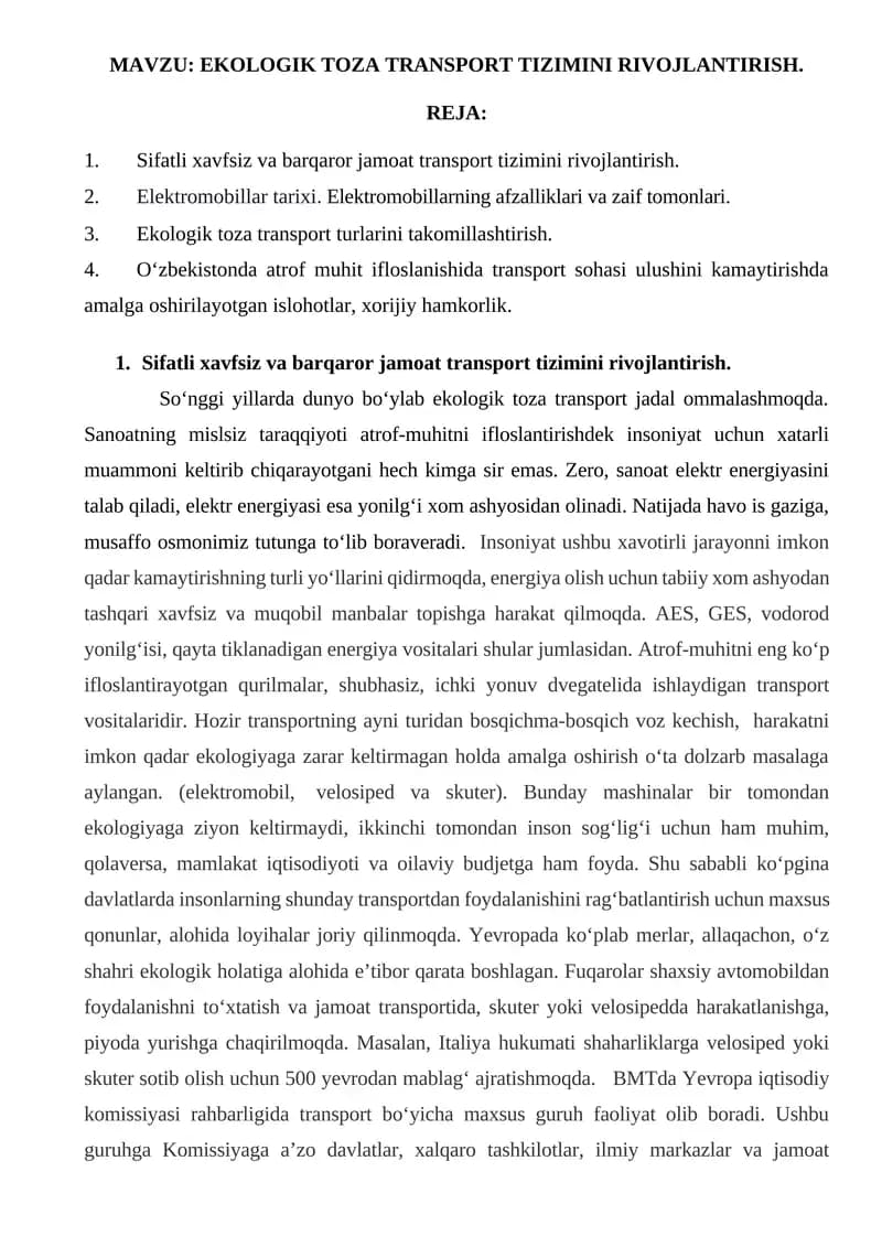 EKOLOGIK TOZA TRANSPORT TIZIMINI RIVOJLANTIRISH.