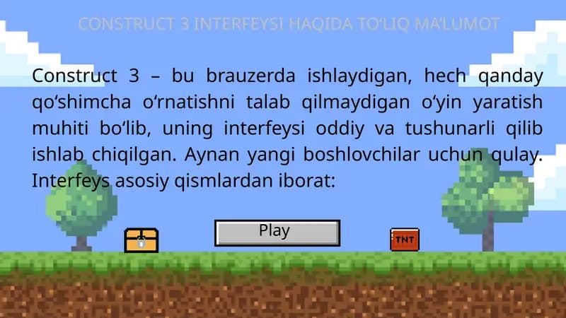 Construct 3 interfeysi haqida to‘liq ma’lumot