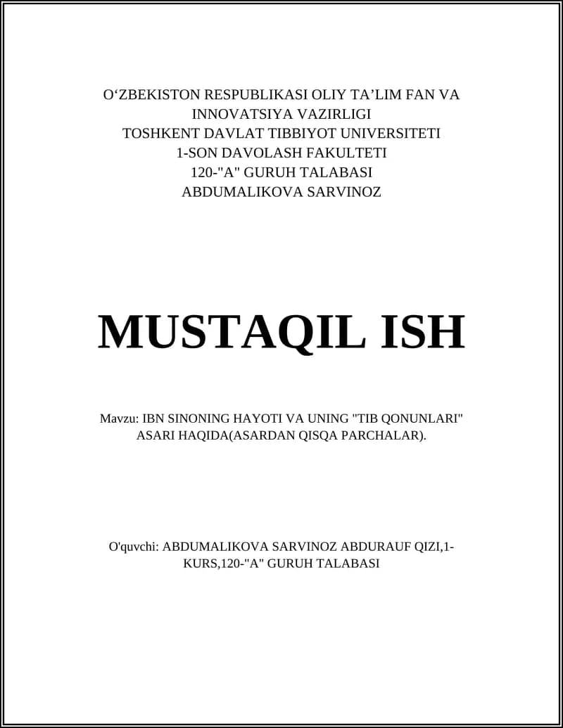 IBN SINONING HAYOTI VA UNING "TIB QONUNLARI" ASARI