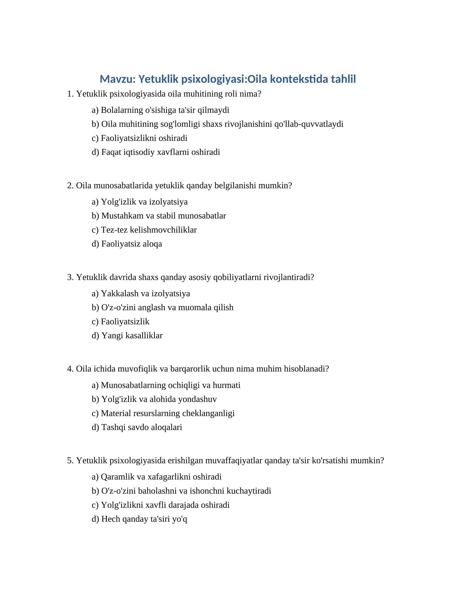 Yetuklik psixologiyasi:Oila kontekstida tahlil