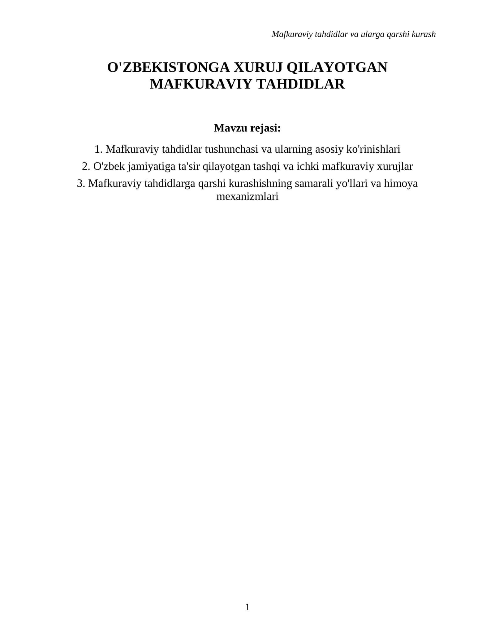 Mafkuraviy tahdidlar va ularga qarshi kurash