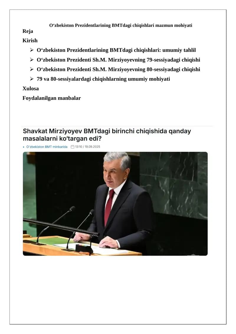 O‘zbekiston Prezidentlarining BMTdagi chiqishlari mazmun mohiyati