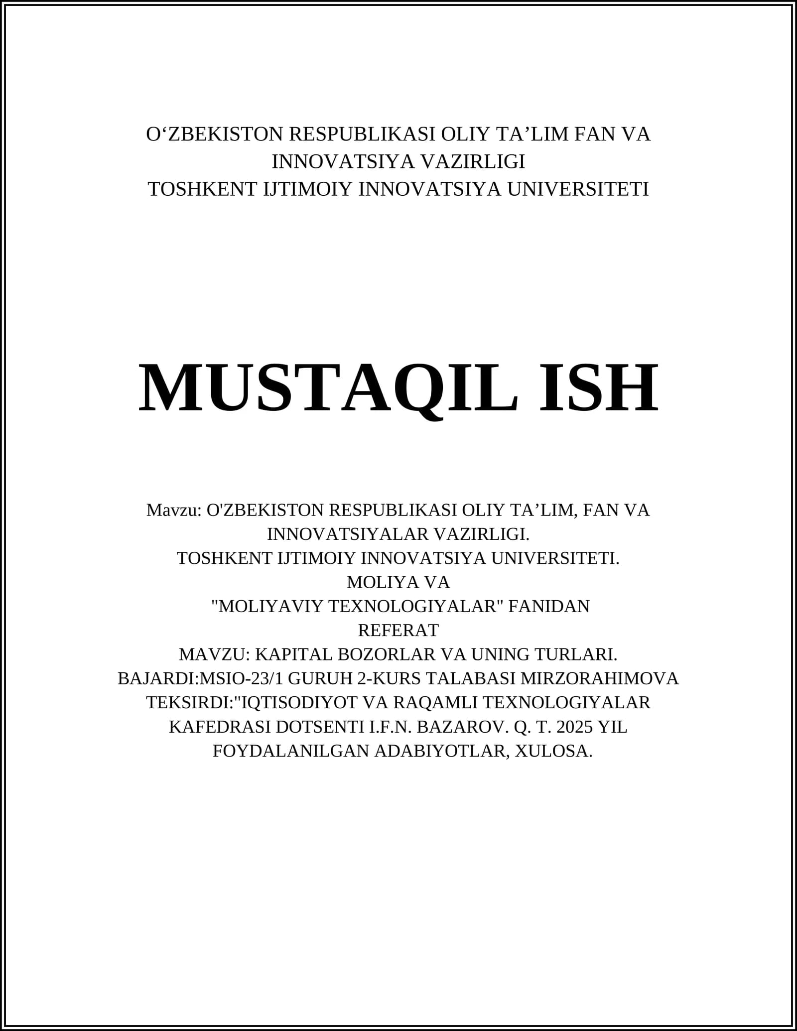 KAPITAL BOZORLARI VA UNING TURLARI