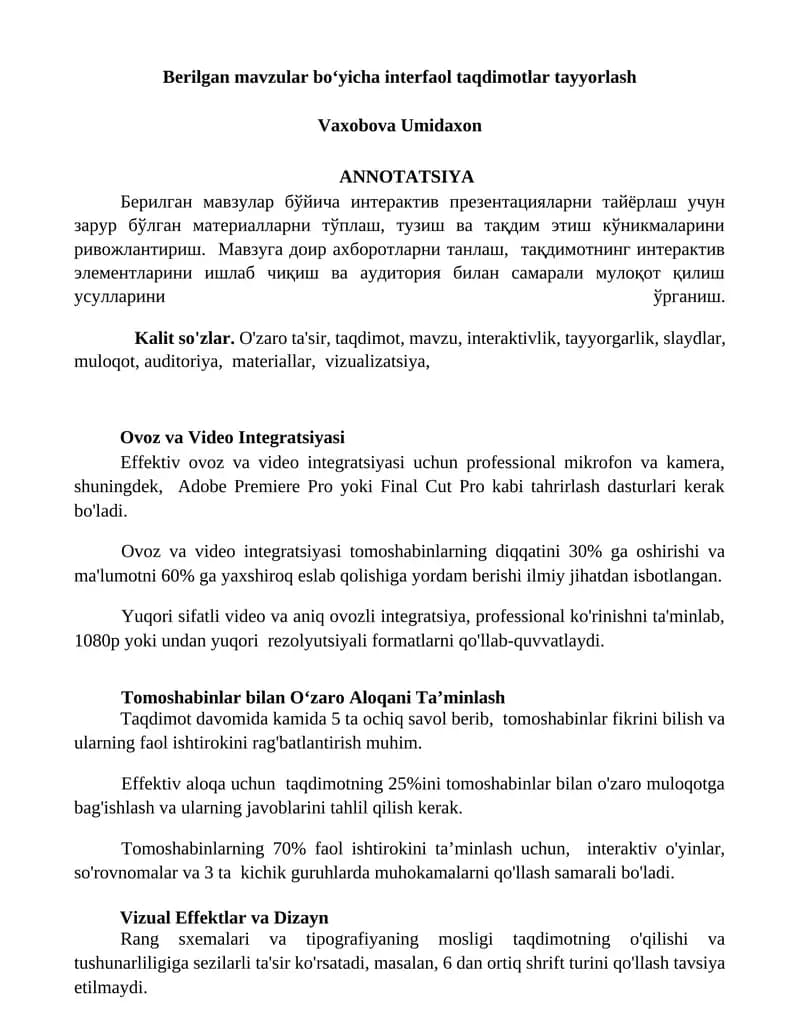 Berilgan mavzular boʻyicha interfaol taqdimotlar tayyorlash
