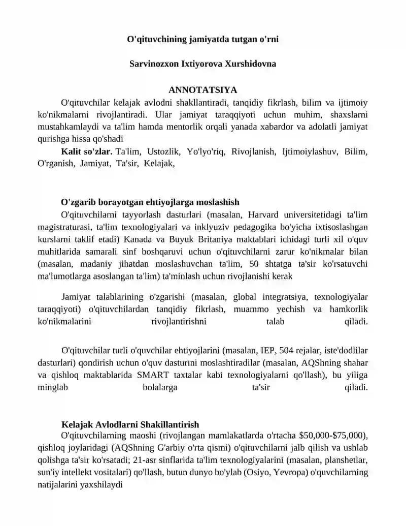 O'qituvchining jamiyatda tutgan o'rni