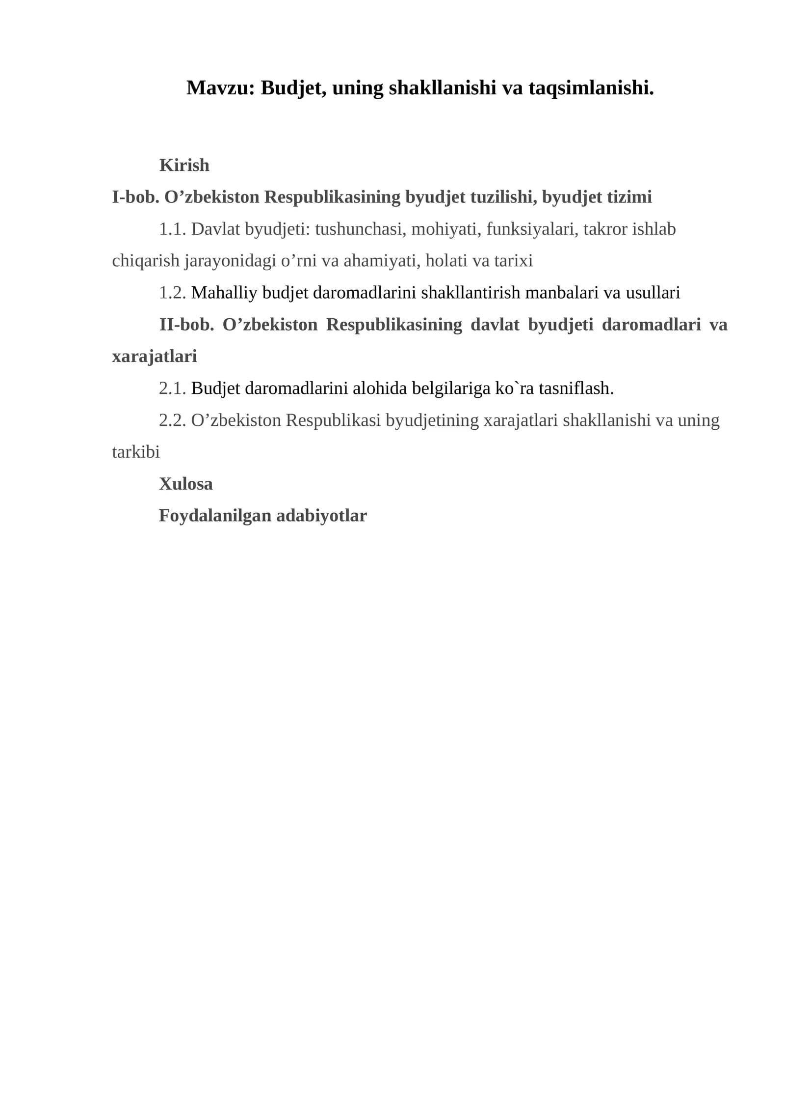 Budjet, uning shakllanishi va taqsimlanishi