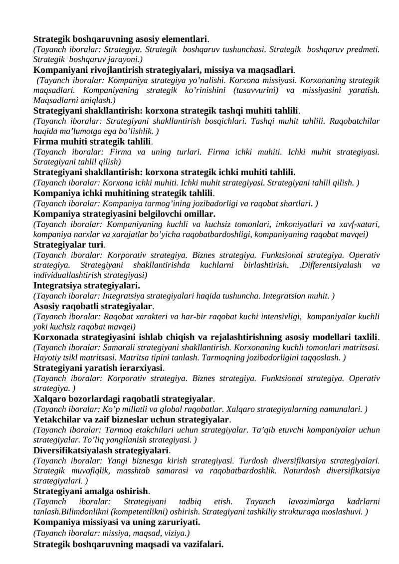Strategik boshqaruvning asosiy elementlari