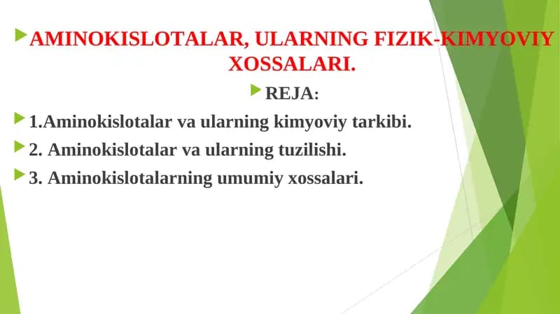AMINOKISLOTALAR, ULARNING FIZIK-KIMYOVIY XOSSALARI.