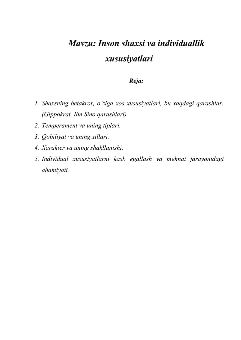 Inson shaxsi va individuallik xususiyatlari