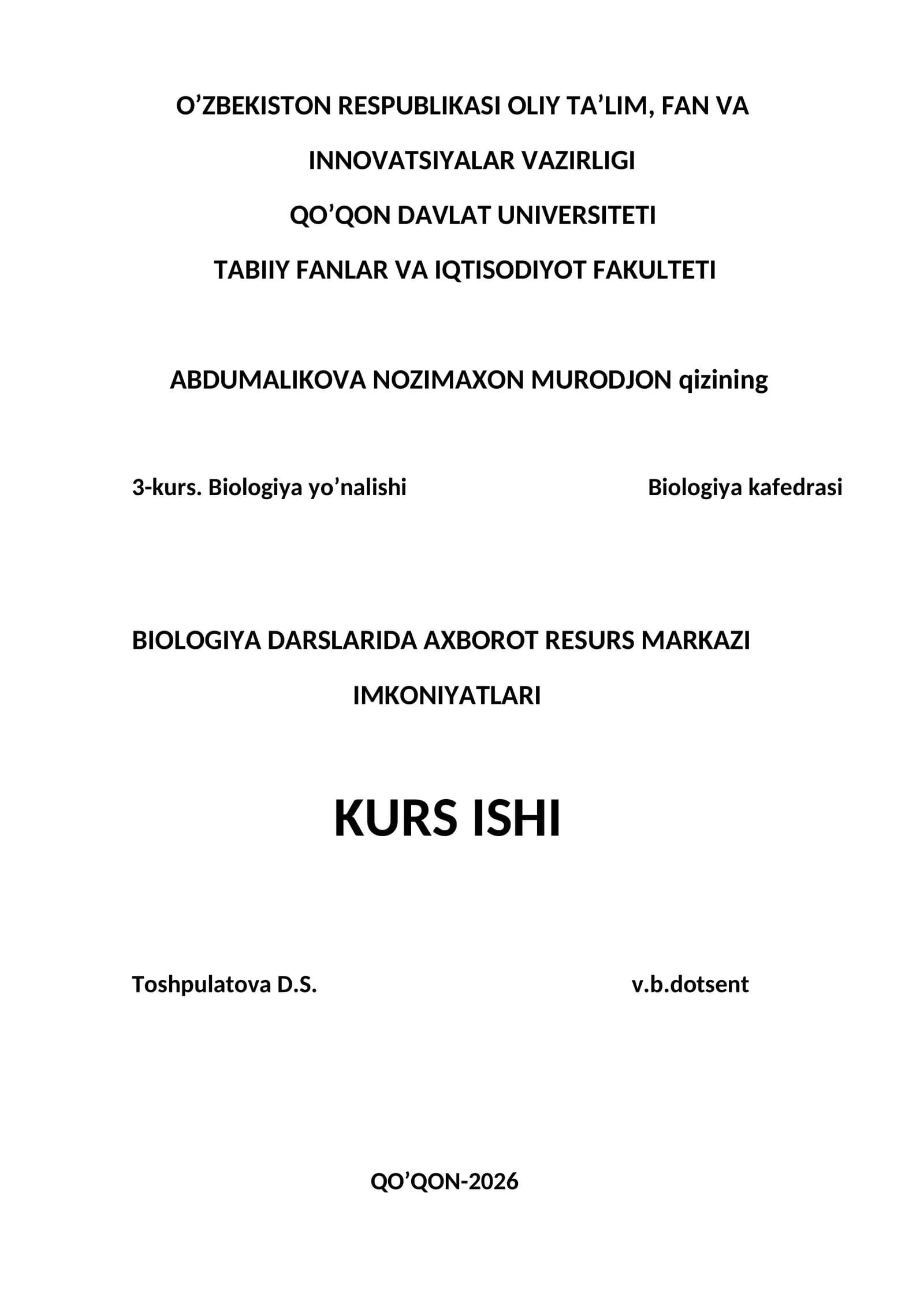 BIOLOGIYA DARSLARIDA AXBOROT RESURS MARKAZI IMKONIYATLARI