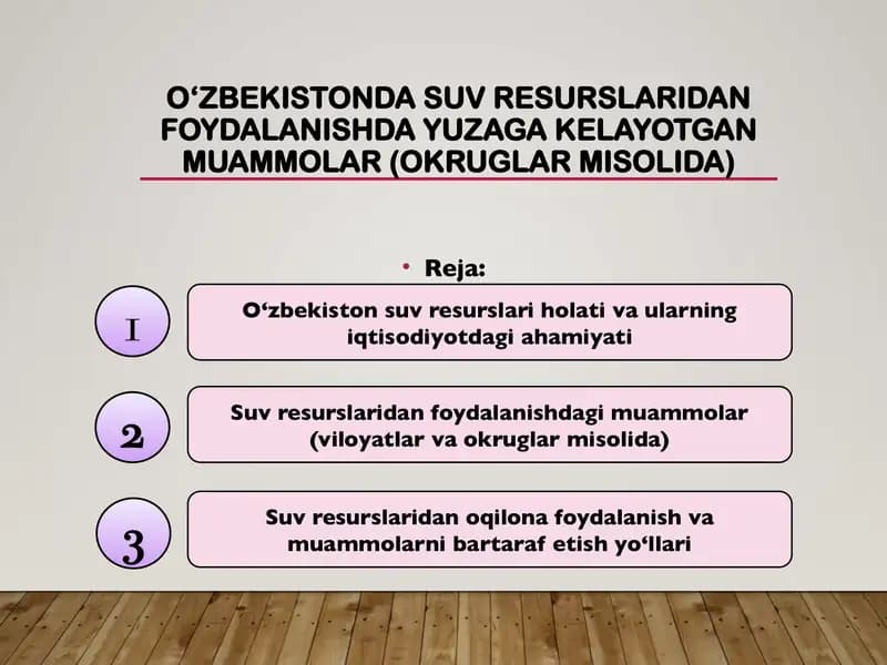 O‘zbekistonda suv resurslaridan foydalanishda yuzaga kelayotgan muammolar (okruglar misolida)