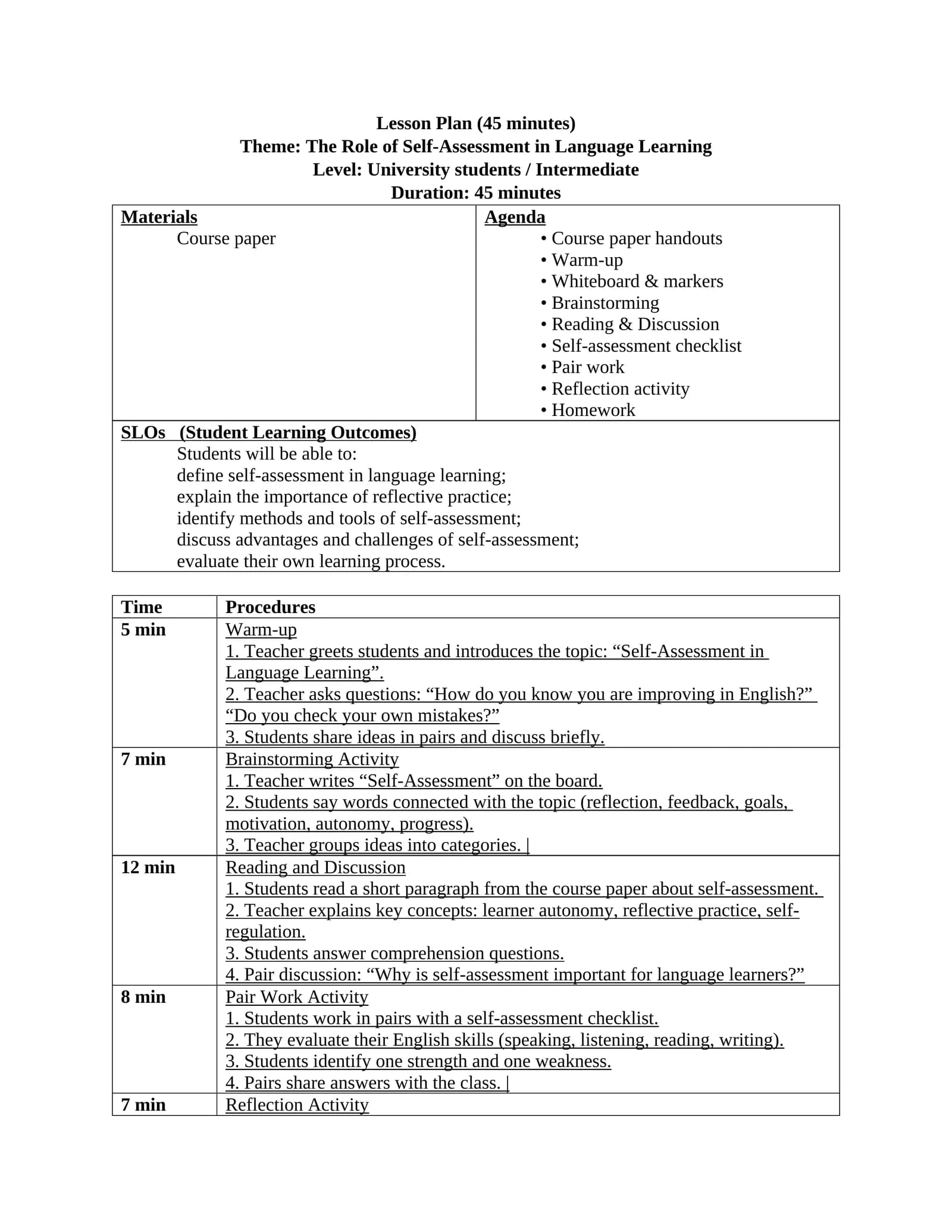 Lesson Plan: The Role of Self-Assessment in Language Learning