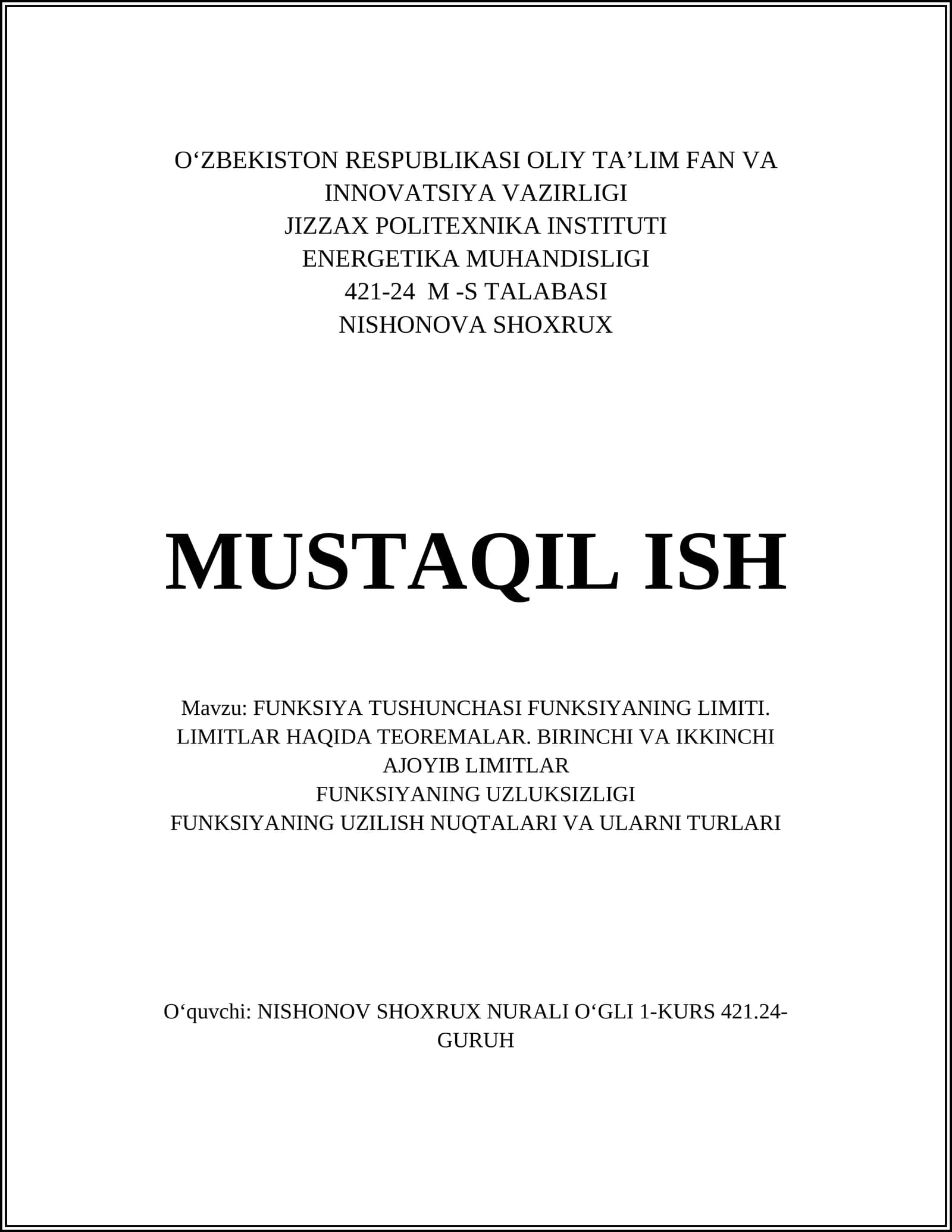 Funksiya Tushunchasi va Limitlari