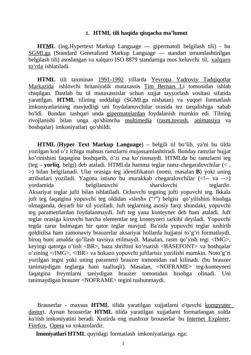HTML tili haqida qisqacha ma’lumot