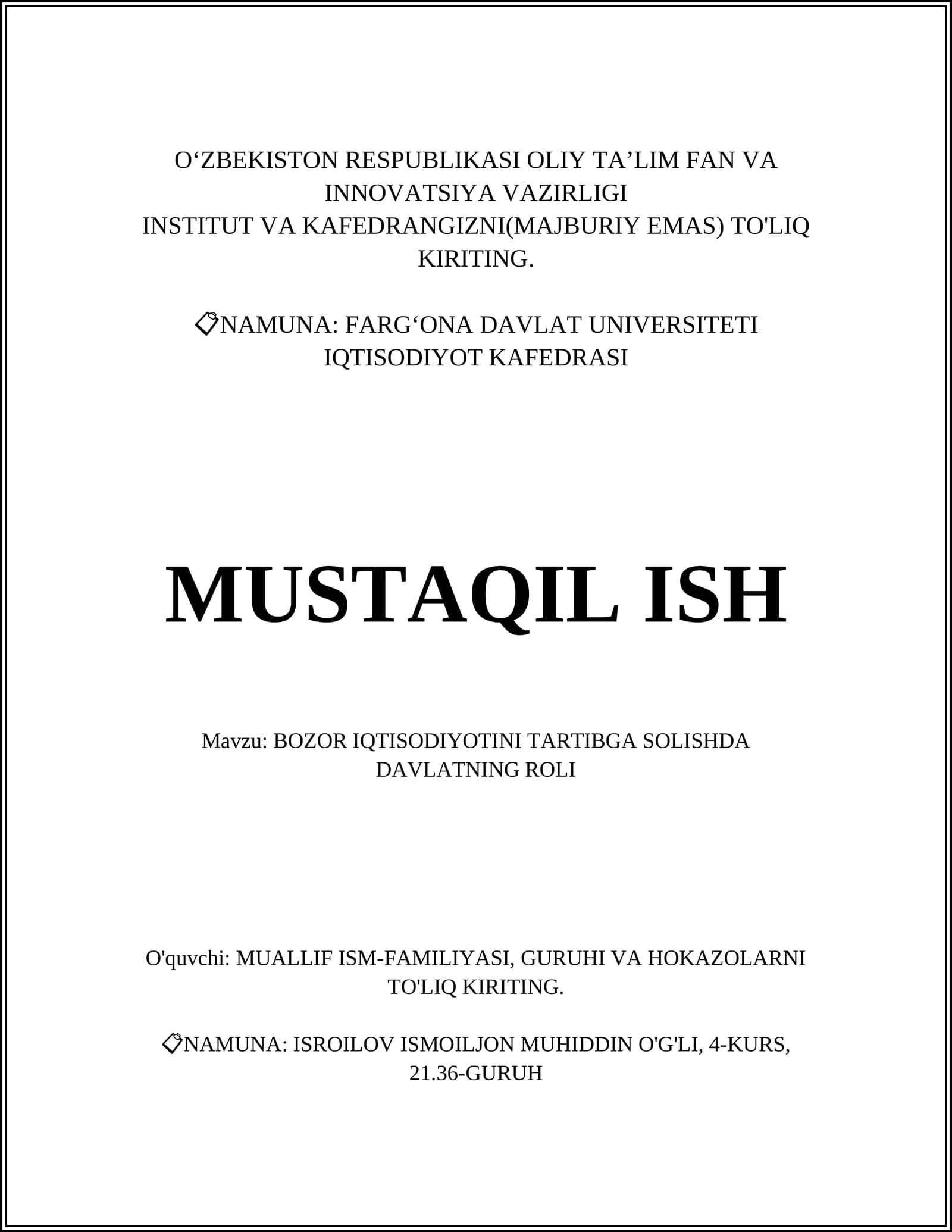 BOZOR IQTISODIYOTINI TARTIBGA SOLISHDA DAVLATNING ROLI