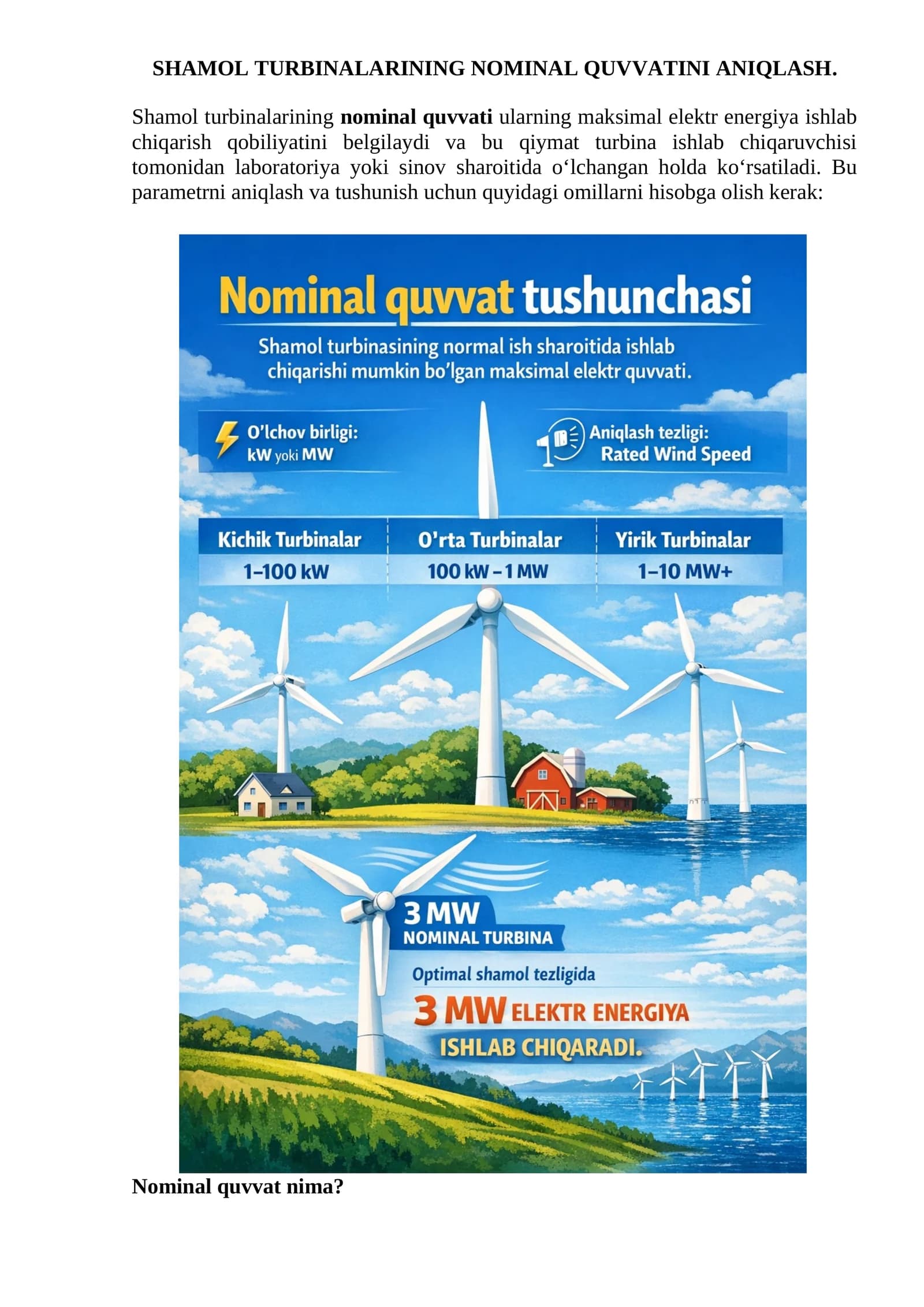 SHAMOL TURBINALARINING NOMINAL QUVVATINI ANIQLASH