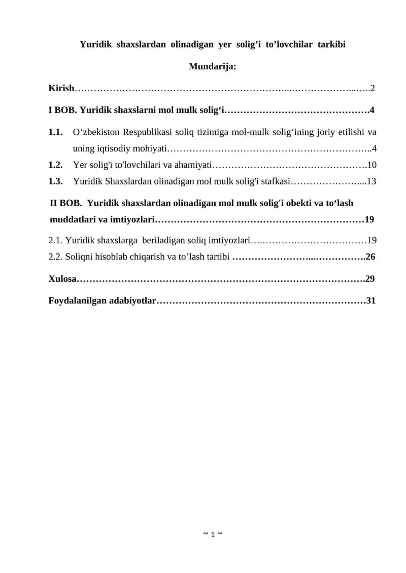 Yuridik shaxslardan olinadigan yer solig’i to’lovchilar tarkibi