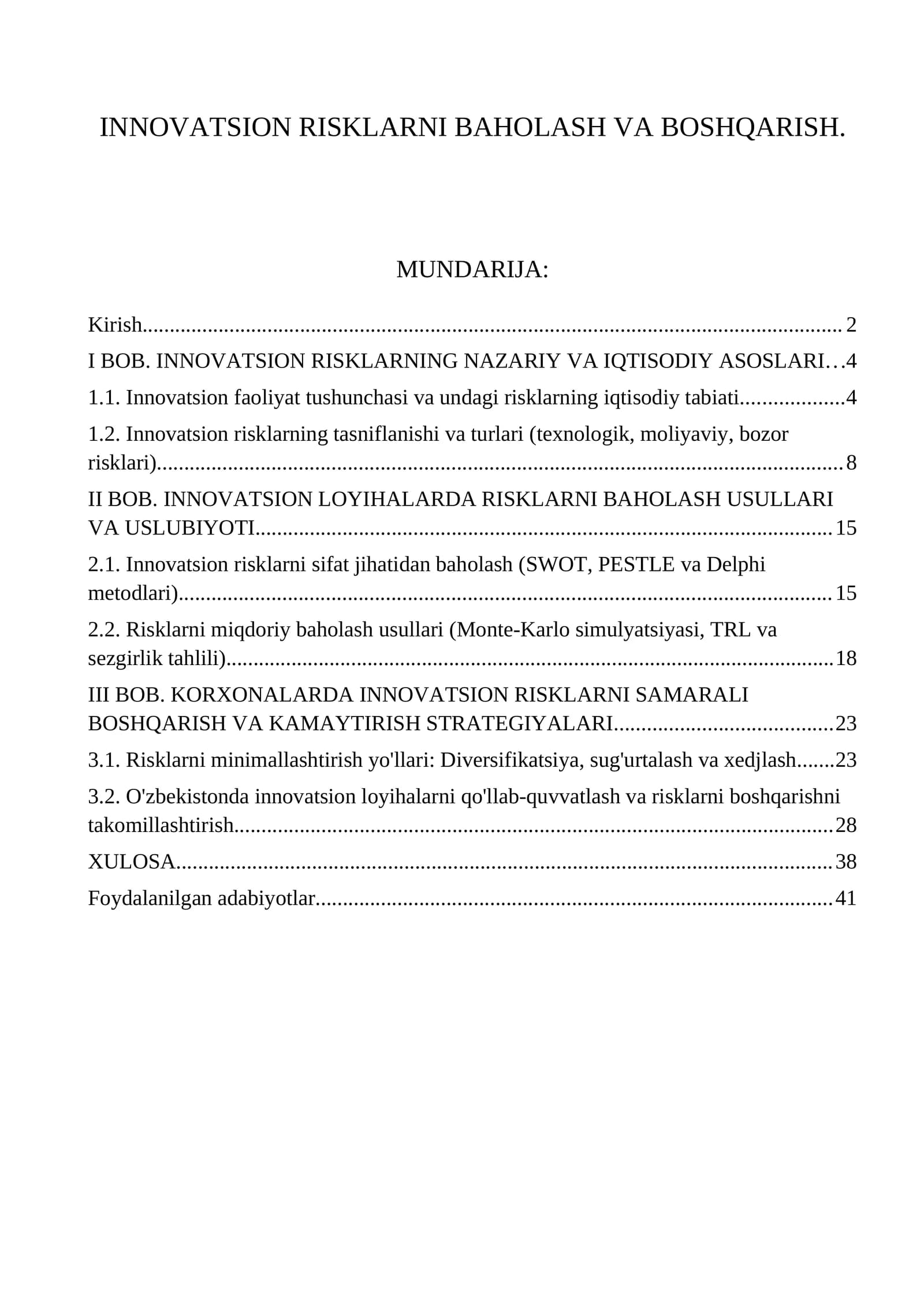 INNOVATSION RISKLARNI BAHOLASH VA BOSHQARISH