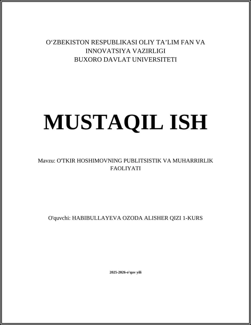 O'TKIR HOSHIMOVNING PUBLITSISTIK VA MUHARRIRLIK FAOLIYATI