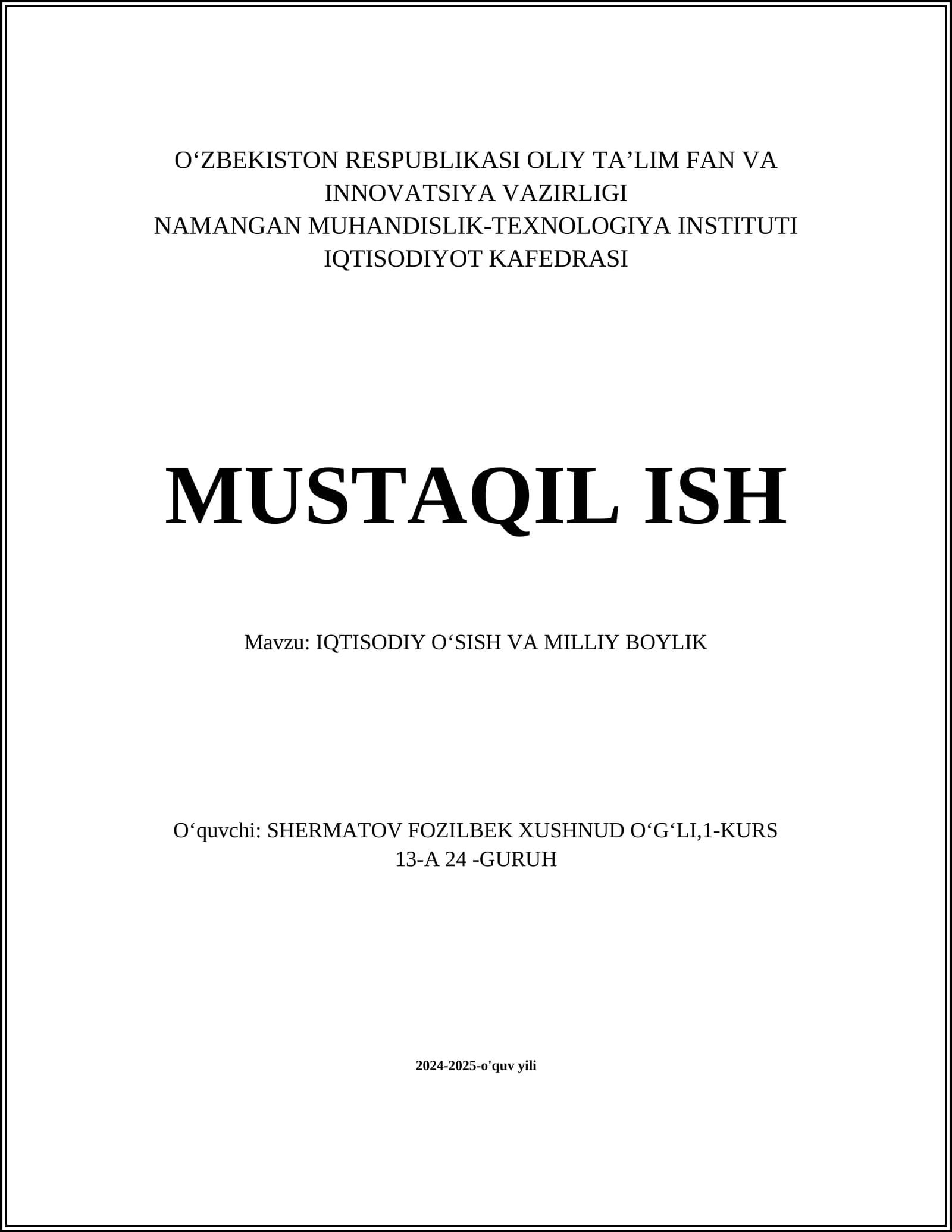 IQTISODIY O‘SISH VA MILLIY BOYLIK