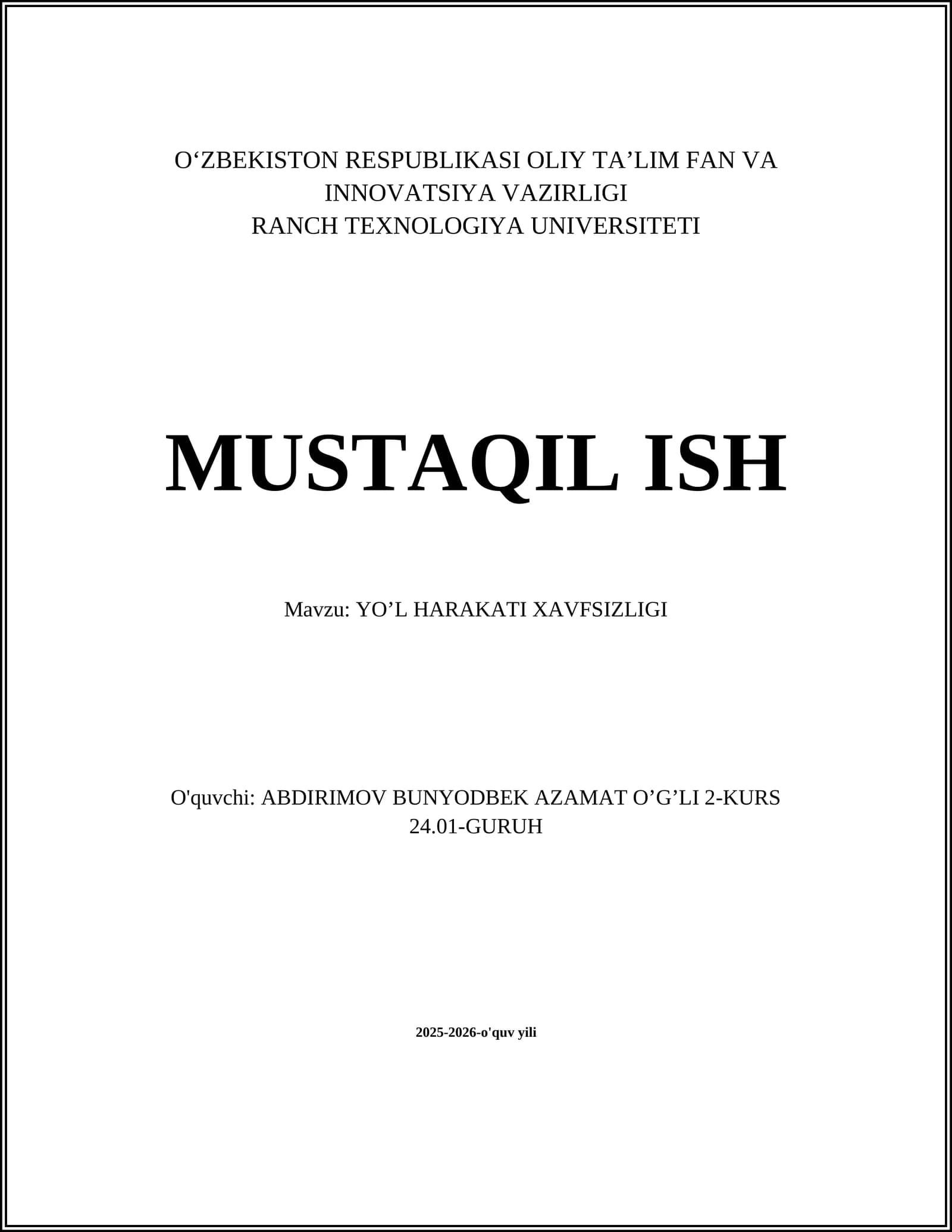 YO’L HARAKATI XAVFSIZLIGI