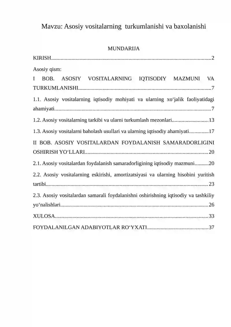 Asosiy vositalarning turkumlanishi va baxolanishi