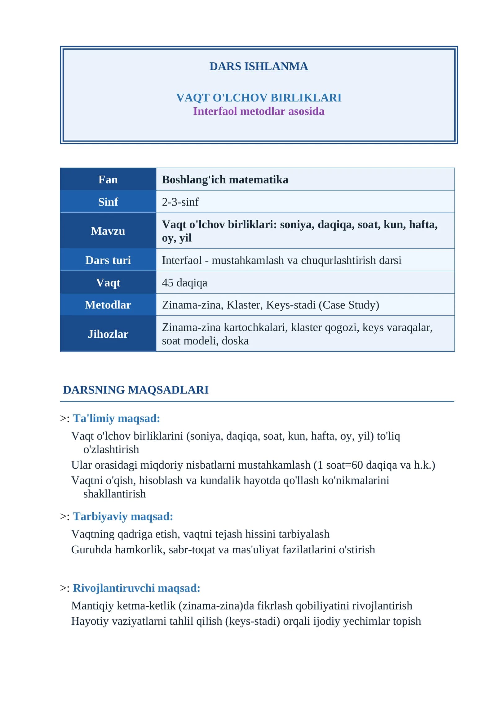 aqt o‘lchov birliklarini o‘rgatishda interfaol metodlardan foydalanish          DARS ISHLANMA       VAQT O'LCHOV BIRLIKLARI  DARS ISHLANMA