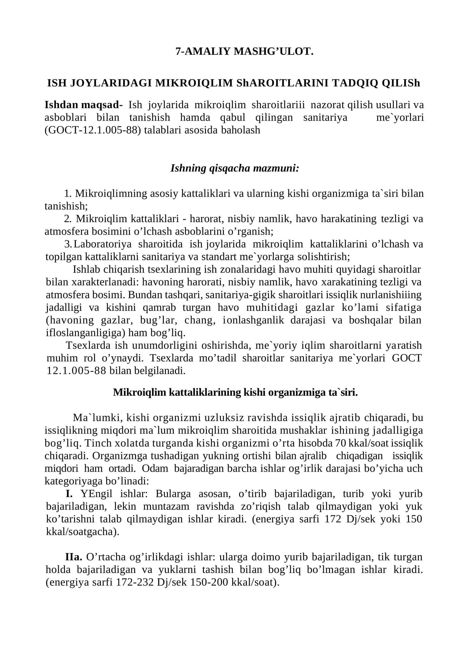 ISH JOYLARIDAGI MIKROIQLIM ShАROITLАRINI TАDQIQ QILISh